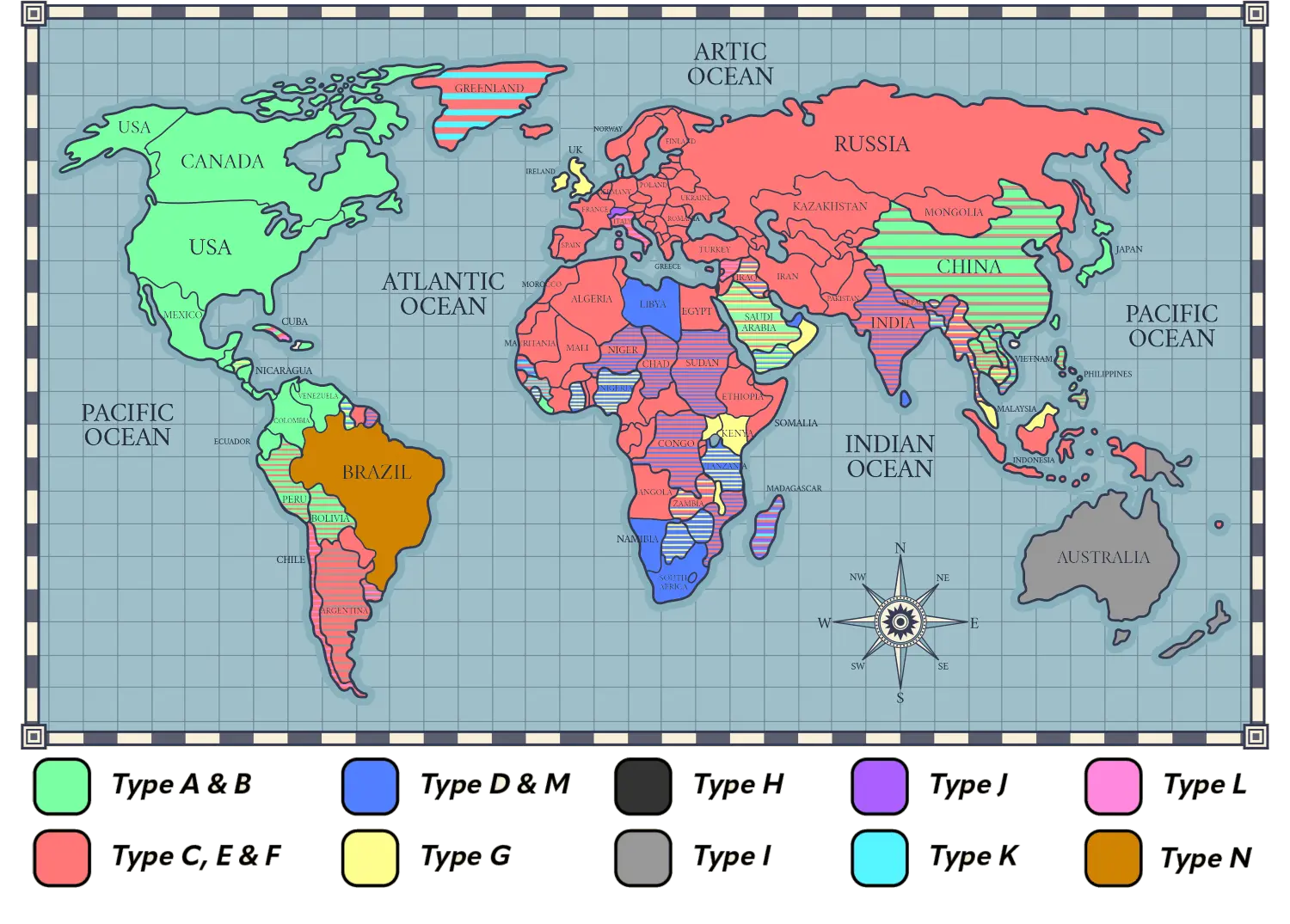 kaart van alle stekker soorten op de wereld